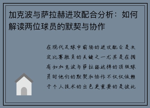 加克波与萨拉赫进攻配合分析：如何解读两位球员的默契与协作